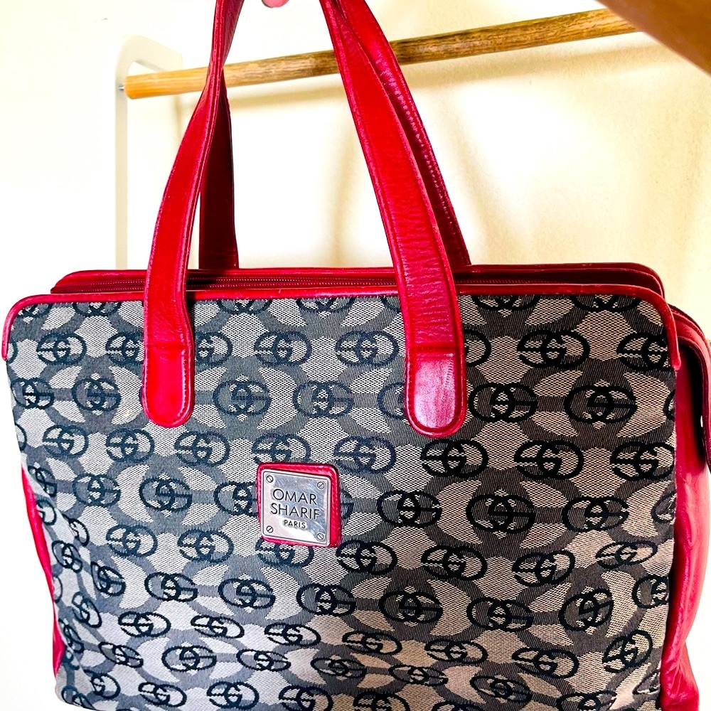 Omar Sharif Monogram Red and Black hand Bag  13 X 10 w/ feet Made in Paris